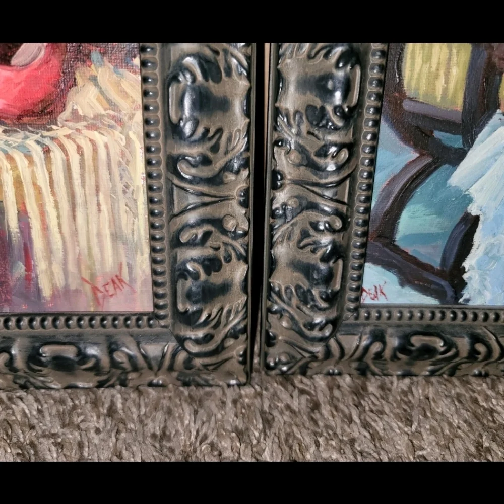 Vintage Oil Paintings Elegant Black Framed Art Set 2 7.5x10in